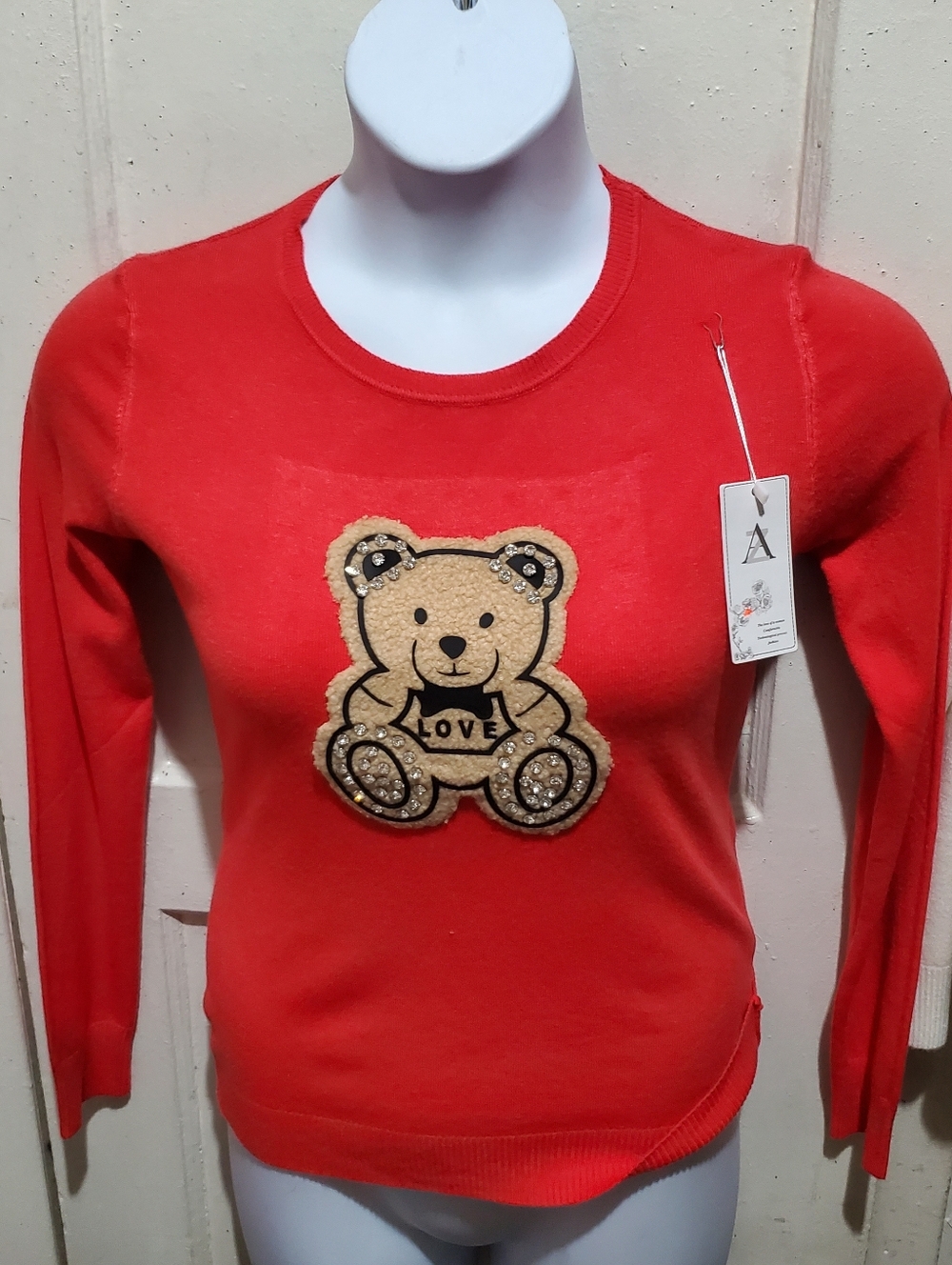 Red Knit Sweater with Teddy Bear Love Appliqué SIZE L/XL
